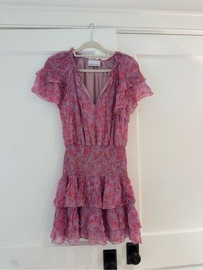 Zimmermann Pink Floral Ruffle Mini Dress with Smocked Waist